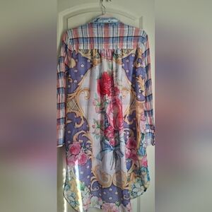 Antropologie Aratta Mixed Print Button Down Tunic  Velvet Collar Floral M ART